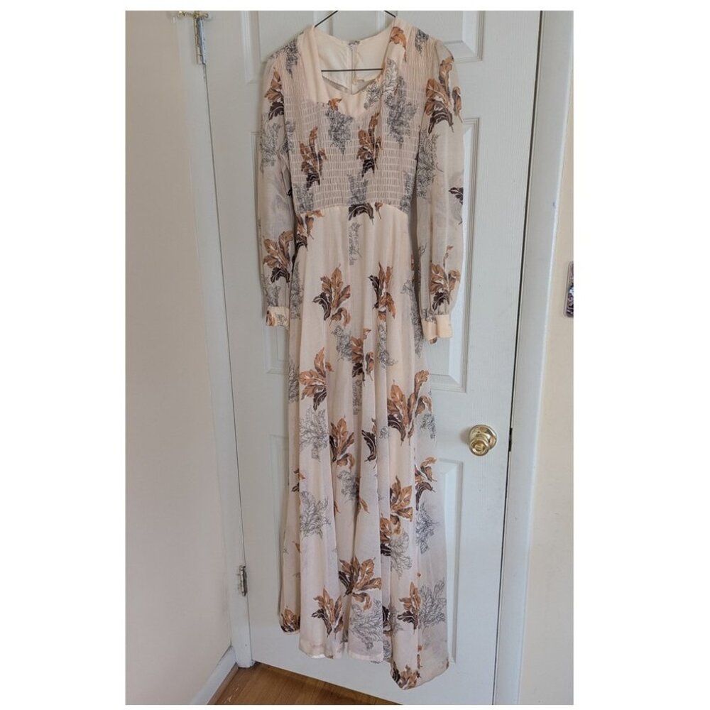 Vintage 70s Full Length Peach Boho Peasant Prom Dress Junior Size 11